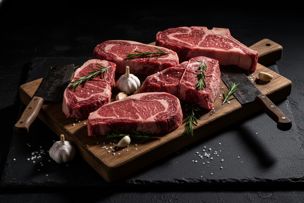 make an assortment of beef cuts from my uploads and put it on a cutting board with a black slate background. Make it moody