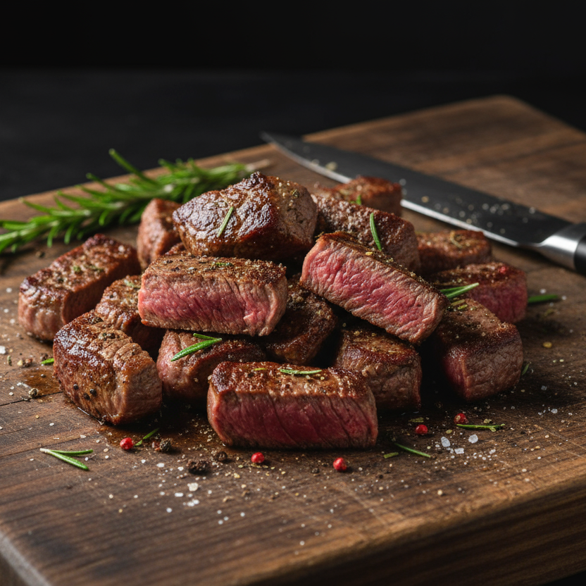 Small irregular pieces of steak on a cutting board with a dark background