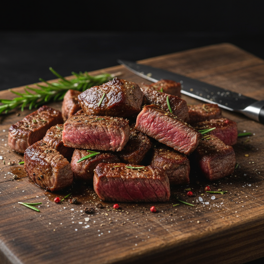 Small irregular pieces of steak on a cutting board with a dark background